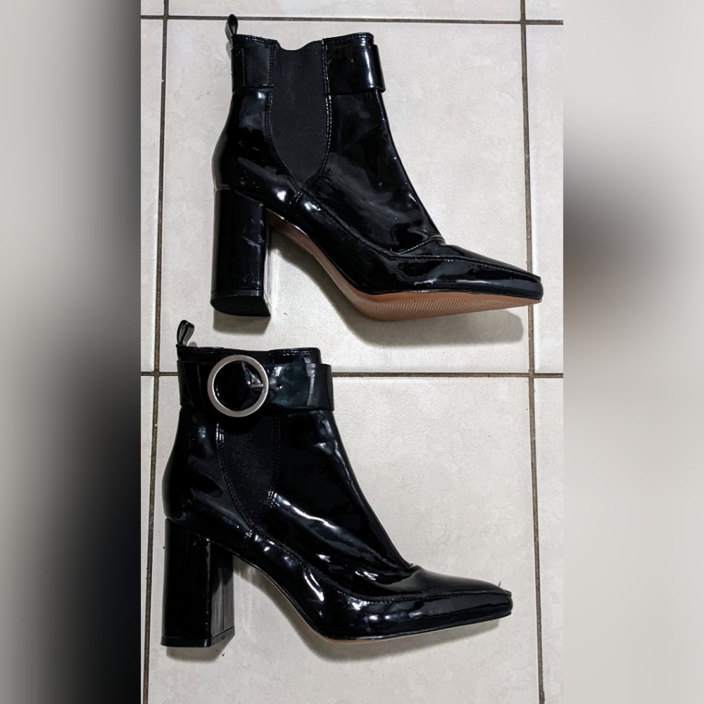 H&M Vinyl Ankle Boots 9 40 Black Shiny Chic Faux Patent Leather Fall